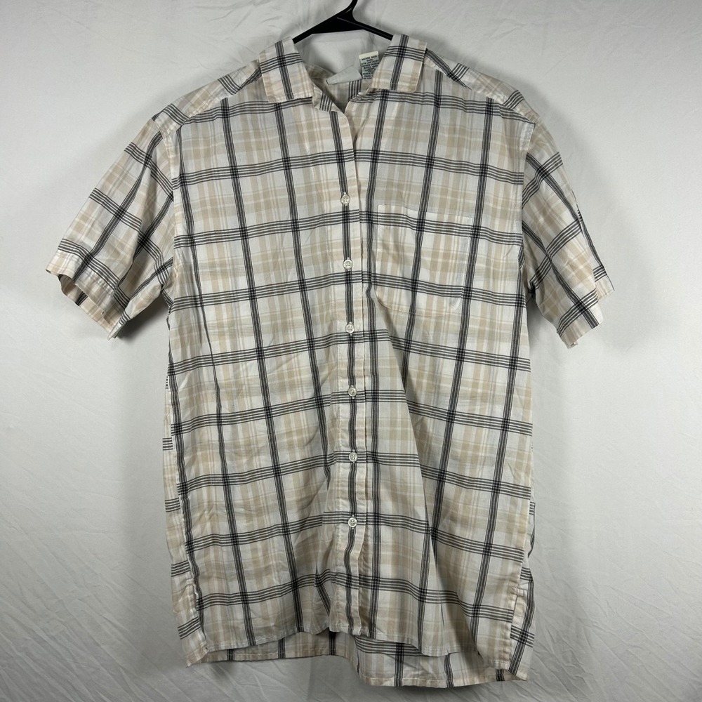 Classic Elements Button Down Women M Cream Plaid Y2K Short Sleeve‎ Shirt